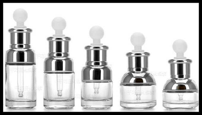 El cosmético de cristal transparente embotella los frascos blancos del aceite esencial del dropper de Bulp del cuello de plata del hombro